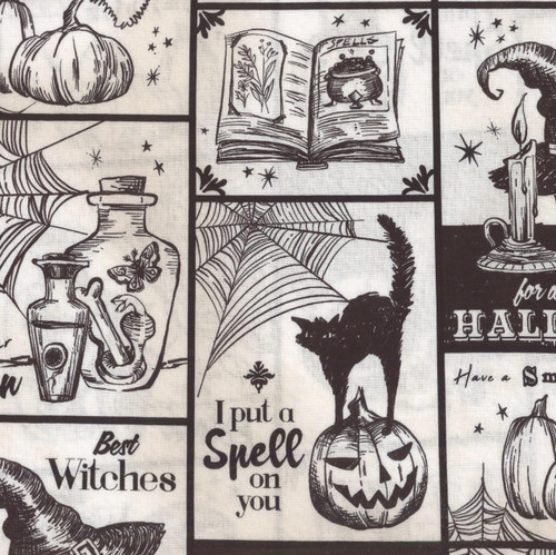 Timeless Treasures Fabrics Pick Your Poison Halloween Gothic Poe Patch Cream, black and white Halloween-themed fabric with spooky illustrations including a black cat, a pumpkin, spellbook, and spider webs.