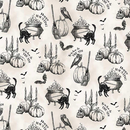 Timeless Treasures Fabrics Pick Your Poison Halloween Black Cats Bats Skulls Gothic Motifs Cream, black and white Halloween-themed pattern with skulls, pumpkins, black cats, bats, candles, cauldrons, and Halloween greeting text on a cream background.