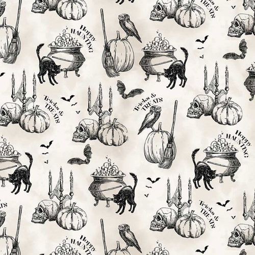 Timeless Treasures Fabrics Pick Your Poison Halloween Black Cats Bats Skulls Gothic Motifs Cream
