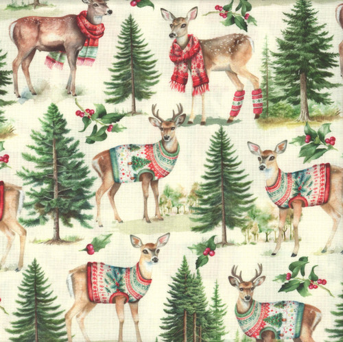 Timeless Treasures Fabrics Rustic Holiday Deer in Sweaters Pine Trees Cream