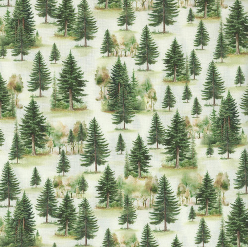 Timeless Treasures Fabrics Rustic Holiday Pine Trees Cream, fabric with a pattern of green pine trees on a cream background for festive holiday decor.