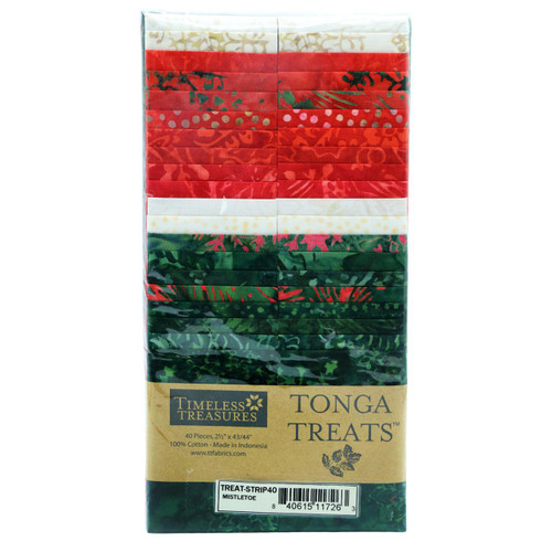 Timeless Treasures Fabrics Tonga Batik Mistletoe Jelly Roll Fabric Strips Mistletoe, colorful holiday-themed fabric strips in red, white, and green with various patterns.