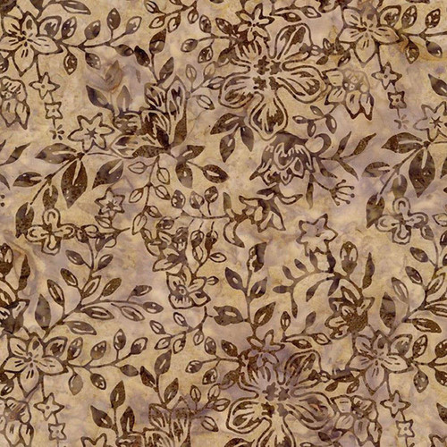 Timeless Treasures Fabrics Tonga Batiks Hayride Flowers and Leafy Vines Nutmeg, intricate floral and leaf pattern in shades of brown on a beige background.