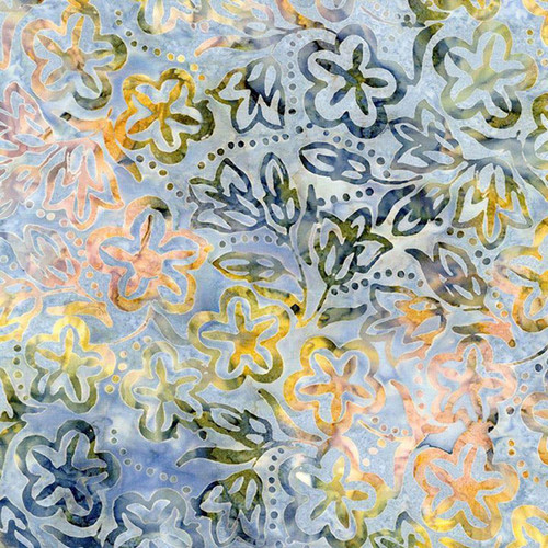 Timeless Treasures Fabrics Tonga Batiks Hayride Dutch Flowers Blue, floral batik fabric with layered flower and leaf patterns in blue, yellow, and peach watercolor shades.