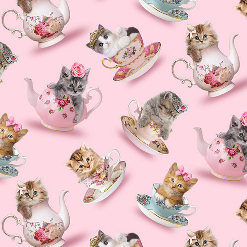 Timeless Treasures Fabrics Pets Pink Tea Cup Cats