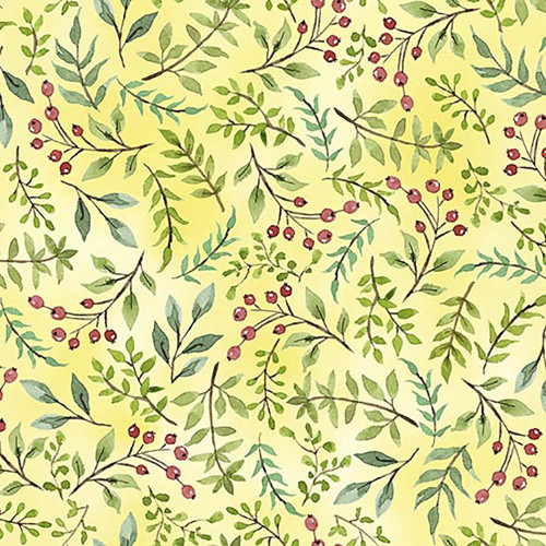 Quilting Treasures Fabrics Drawn To Birds Jane Maday Yellow Berry Sprays, fabric with a pattern of green leaves and red berries on a yellow background.
