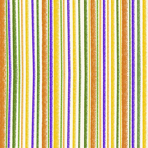 Quilting Treasures Fabrics Steampunk Halloween Desiree Design Yellow 3 Stripe, colorful striped fabric pattern in yellow, orange, purple, and green.