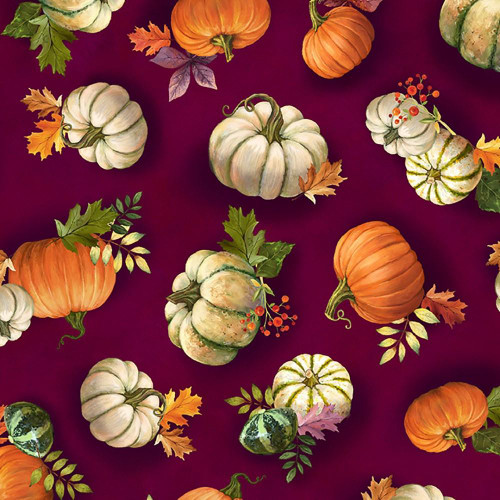 Quilting Treasures Fabrics Cornucopia Harvest Fall Wine Red Pumpkins, autumn-themed fabric with white, green, and orange pumpkins, leaves, and berries on a wine red background.