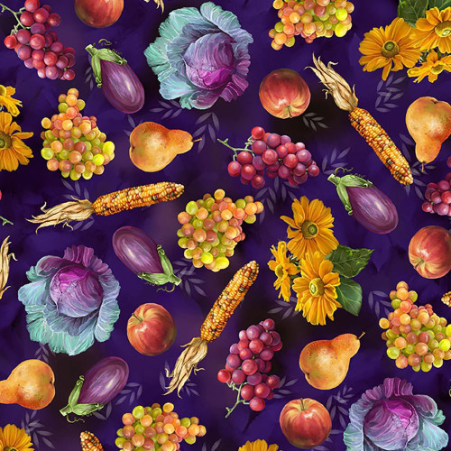 Quilting Treasures Fabrics Cornucopia Harvest Fall Purple Fruits and Flowers, colorful fall-themed fabric pattern with grapes, apples, pears, corn, cabbage, and flowers on a purple background.