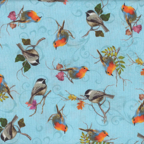Quilting Treasures Fabrics Cornucopia Harvest Fall Blue Birds, colorful birds and leaves on a light blue background fabric.