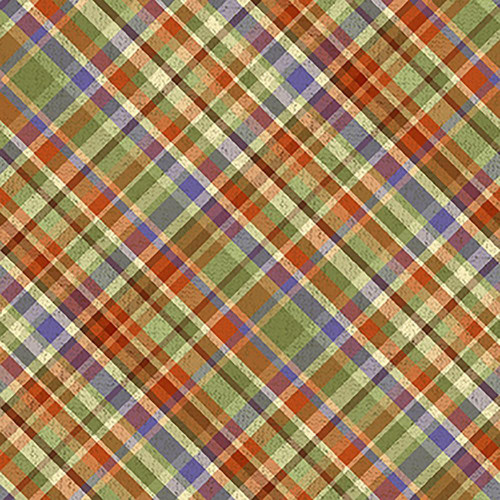 Quilting Treasures Fabrics Cornucopia Harvest Fall Autumn Diagonal Plaid, colorful plaid fabric with warm fall hues and a diagonal checkered pattern.