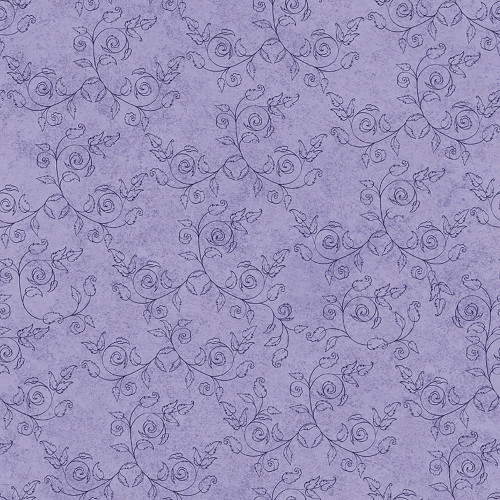 Quilting Treasures Fabrics Cornucopia Harvest Fall Lilac Purple Delicate Scroll, lavender fabric with a detailed purple scroll floral pattern.