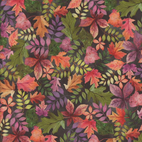 Quilting Treasure's Fabrics Cornucopia Harvest Fall Foliage Leaves 108 Inch Wide Quilt Back, vibrant colorful autumn leaves pattern on dark background.