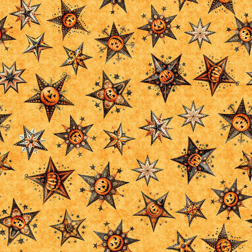 Quilting Treasures Fabrics Jeepers Creepers Dan Morris Orange Stars, Halloween-themed fabric pattern with orange jack-o'-lantern faces on black star shapes, decorated with small black stars on an orange background.