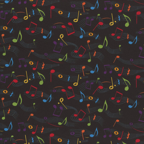 Timeless Treasures Fabrics Making Music Bright Red Green Blue Yellow Music Notes on Black