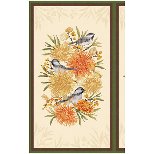 Wilmington Prints Chickadee Charm Danielle Leone Bird and Leaves Panel Orange Cream Brown