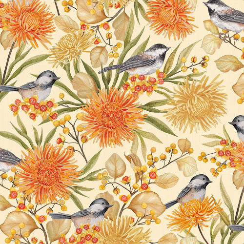 Wilmington Prints Chickadee Charm Danielle Leone Birds and Flowers Cream