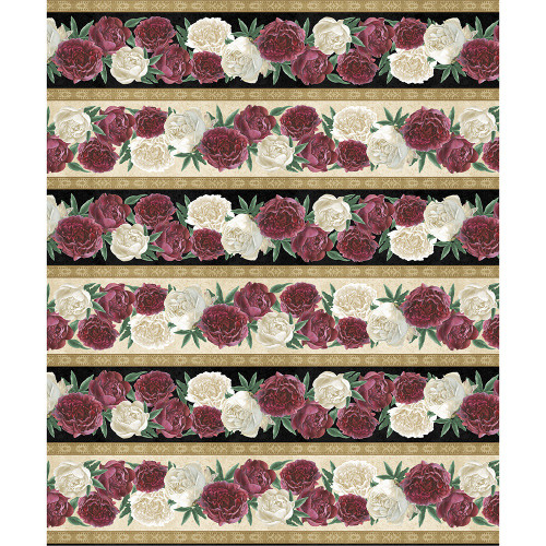 Wilmington Prints Crimson Blooms Beth Grove Peonies Repeating Stripe Red Gold Green Cream
