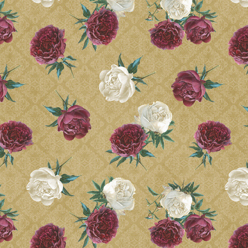 Wilmington Prints Crimson Blooms Beth Grove Peonies over Damask Red Cream Gold