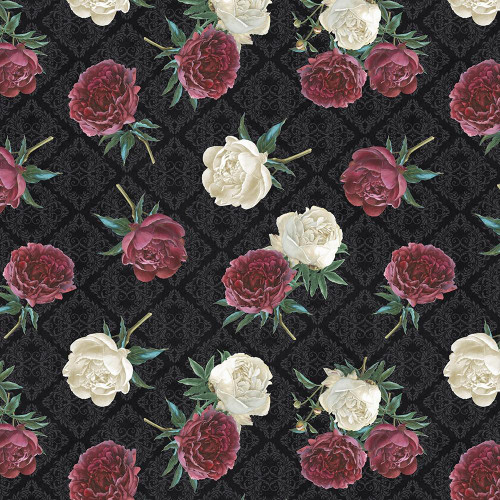 Wilmington Prints Crimson Blooms Beth Grove Peonies over Damask Red Cream Black, floral fabric pattern with red and white peonies on a black damask background.