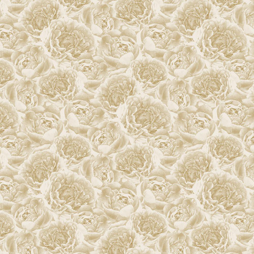 Wilmington Prints Crimson Blooms Beth Grove Packed Peony Blooms Cream, floral fabric pattern with cream-colored peony flowers and soft leaves in an intricate design.