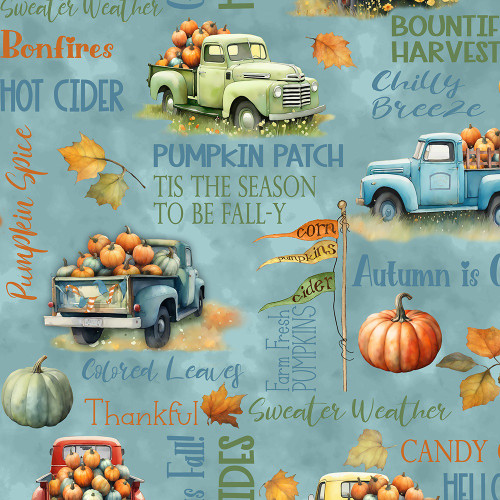 Wilmington Prints Glorious Fall Nancy Mink Trucks Pumpkins Fall Sayings Blue