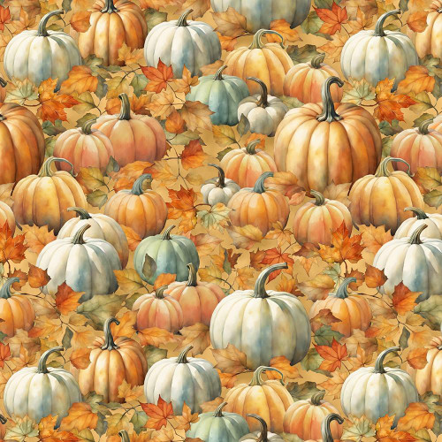 Wilmington Prints Glorious Fall Nancy Mink Packed Pumpkins Cream Gold Orange, autumn-themed fabric pattern featuring pumpkins and fall leaves in warm fall colors.