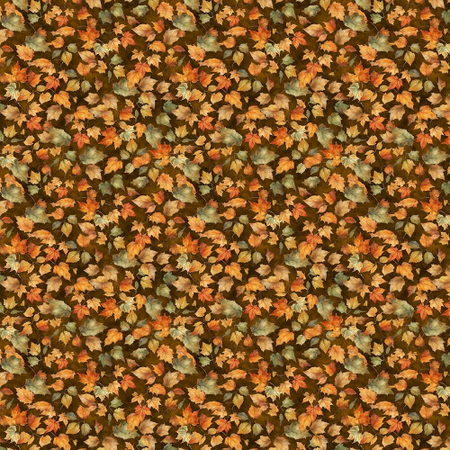 Wilmington Prints Glorious Fall Nancy Mink Leaves Brown, detailed pattern of autumn leaves in shades of brown, orange, yellow, and green.
