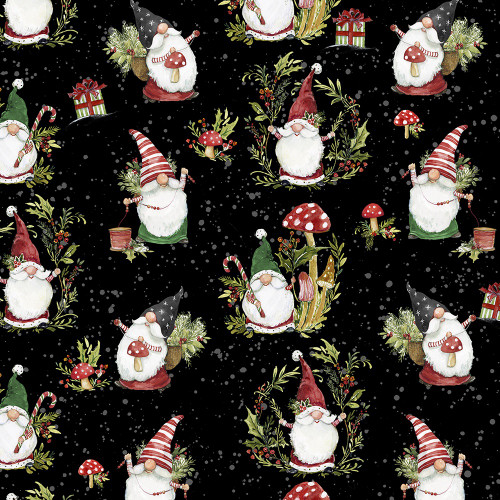 Wilmington Prints Merry Gnome-ments Susan Winget Christmas Gnome Vignettes Black Red Green