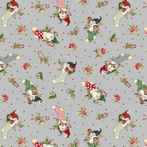 Wilmington Prints Merry Gnome-ments Susan Winget Gnomes in Stockings Ready to Hang Grey Black Red