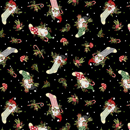 Wilmington Prints Merry Gnome-ments Susan Winget Gnomes in Stockings Ready to Hang Black Red Green