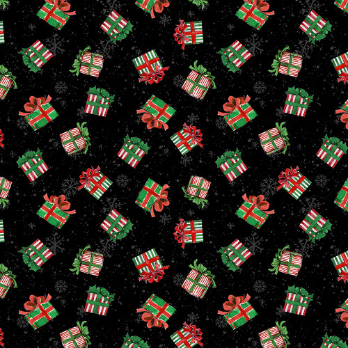 Wilmington Prints Merry Gnome-ments Susan Winget Small Christmas Presents Black Red Green