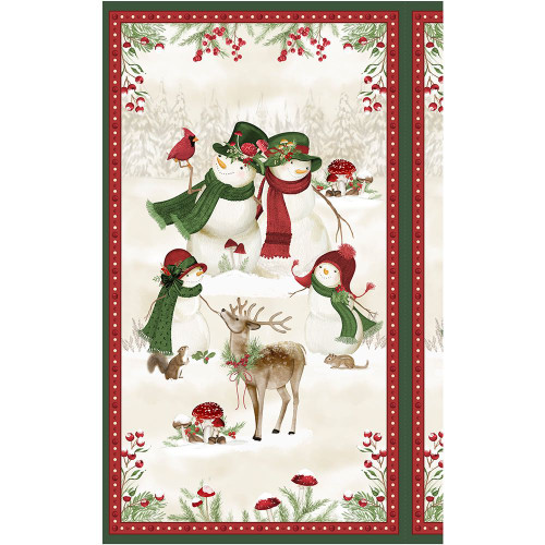 Wilmington Prints Woodland Snowmen Danielle Leone Snowmen Snow Women Panel Cream Red Green
