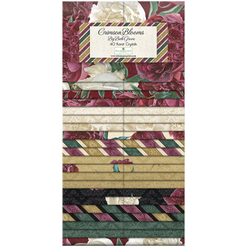 Wilmington Prints Crimson Blooms Beth Grove 40 Karat Gems Fabric Strips, collection of floral and geometric patterned fabric strips in red, cream, gold, black, and green colors.