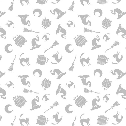 Wilmington Prints Spooky Spectacle Halloween White On White Witches Brew fabric, featuring a pattern of witches hats, cauldrons, cats, moons, broomsticks, and potion bottles in white silhouette on a white background.