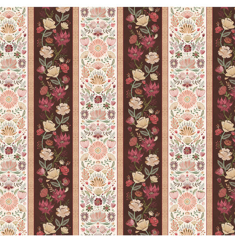 Wilmington Prints Floralscape Dina June Folk Art Climbing Floral Vine Stripe Brown Cream Green