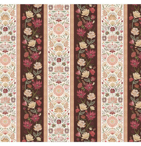 Wilmington Prints Floralscape Dina June Folk Art Climbing Floral Vine Stripe Brown Cream Green, a detailed floral pattern with vertical stripes of roses and floral motifs in earth tones of brown, cream, green, and pink.