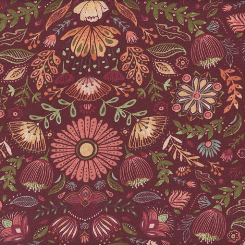 Wilmington Prints Floralscape Dina June Folk Art Floral Damask Red Pink Green, a detailed floral pattern fabric featuring various flowers, leaves, and intricate designs in shades of red, pink, green, and cream.