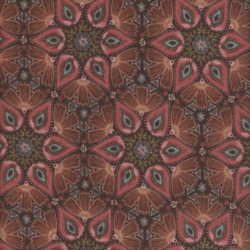 Wilmington Prints Floralscape Dina June Suzani Medallions Brown Pink Teal, fabric with intricate floral and geometric patterns in pink, teal, and brown on a black background.