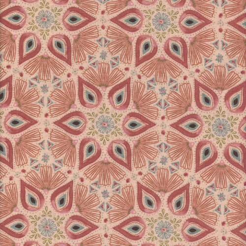 Wilmington Prints Floralscape Dina June Suzani Medallions Pink Blue, fabric with intricate floral and medallion patterns in pink, blue, and green colors.