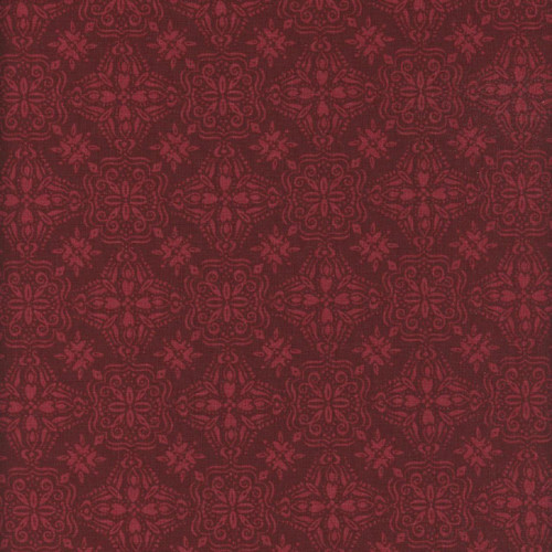 Wilmington Prints Floralscape Dina June Broach Trellis Red Rust, fabric featuring a detailed red and rust trellis floral pattern.