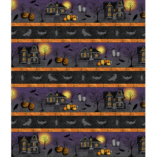 Wilmington Prints Moonlit Manor Lisa Jane Smith Haunted House Repeating Stripe Orange Black Purple