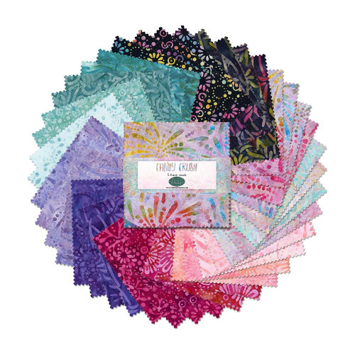Wilmington Prints Candy Crush Batiks 5 Karat Crystals Charm Squares Five Inch, assortment of colorful quilt fabric strips with intricate patterns and vibrant colors.