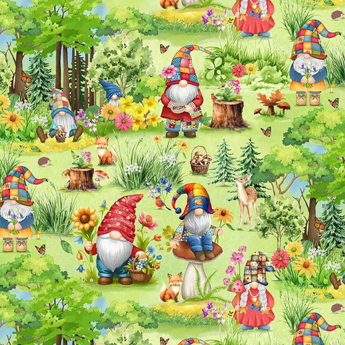 Timeless Treasures Fabrics Hippie Gnomes in the Garden Green
