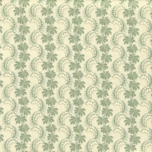 Andover Fabrics Holbrook by Max & Louise Mint Green Acanthus Fern Stripe, fabric with a detailed fern and acanthus leaf pattern in mint green on a light background. Andover Fabrics Holbrook by Max & Louise Mint Green Acanthus Fern Stripe, fabric with a detailed fern and acanthus leaf pattern in mint green on a light background.