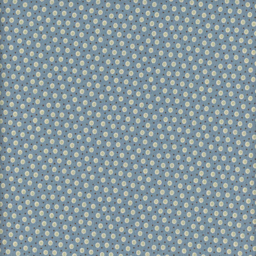 Andover Fabrics Holbrook by Max & Louise Blue Eggs and Dots, a fabric pattern featuring a blue background with light-colored eggs and small dots. Andover Fabrics Holbrook by Max & Louise Blue Eggs and Dots, a fabric pattern featuring a blue background with light-colored eggs and small dots.