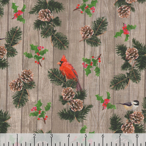 Andover Fabrics Snowbirds by Two Can Art Taupe Brown Cardinals Pine Cones Pine Sprays Wood Grain