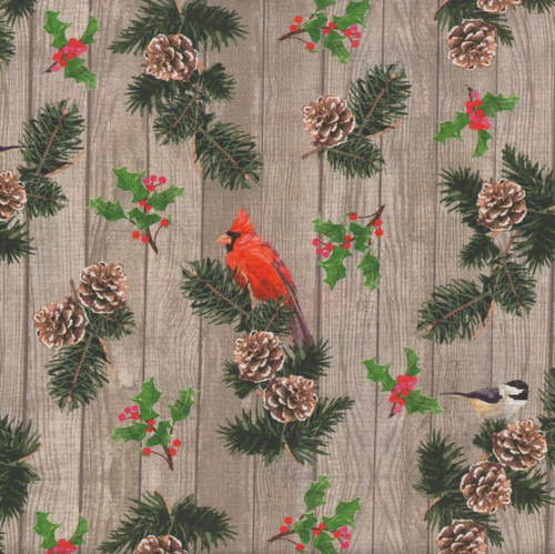 Andover Fabrics Snowbirds by Two Can Art Taupe Brown Cardinals Pine Cones Pine Sprays Wood Grain