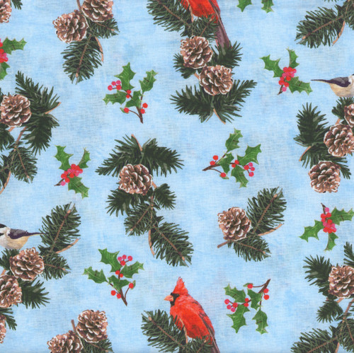 Andover Fabrics Snowbirds by Two Can Art Blue Cardinals Chicadees Pine Cones Pine Sprays