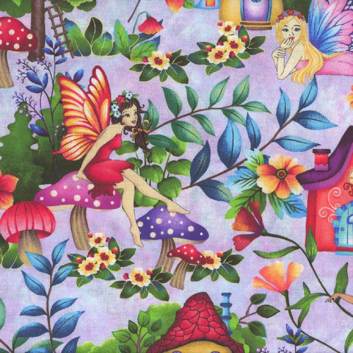 Henry Glass Fabrics Down the Fairy Path Color Principle Lilac Multi Allover Fairies fabric, featuring whimsical fairies, colorful mushrooms, vibrant flowers, and lush foliage in shades of lilac, pink, red, blue, and green.